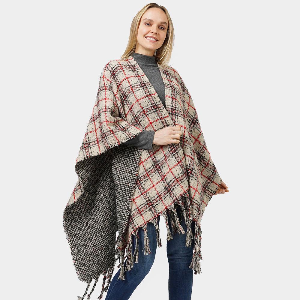 Ivory Reversible Plaid Check Patterned Cape Poncho - Jewelry Store by Erik Rayo