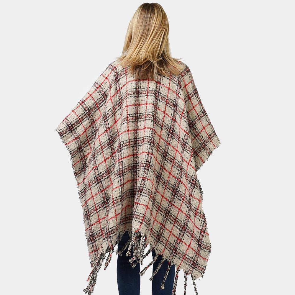 Ivory Reversible Plaid Check Patterned Cape Poncho - Jewelry Store by Erik Rayo