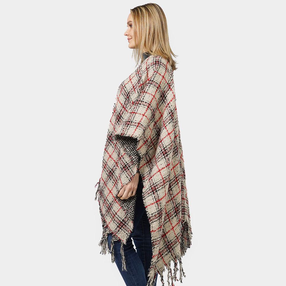 Ivory Reversible Plaid Check Patterned Cape Poncho - Jewelry Store by Erik Rayo