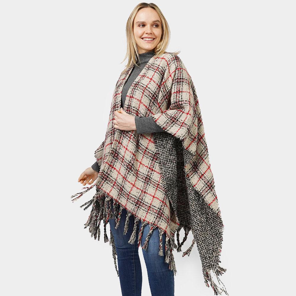 Ivory Reversible Plaid Check Patterned Cape Poncho - Jewelry Store by Erik Rayo