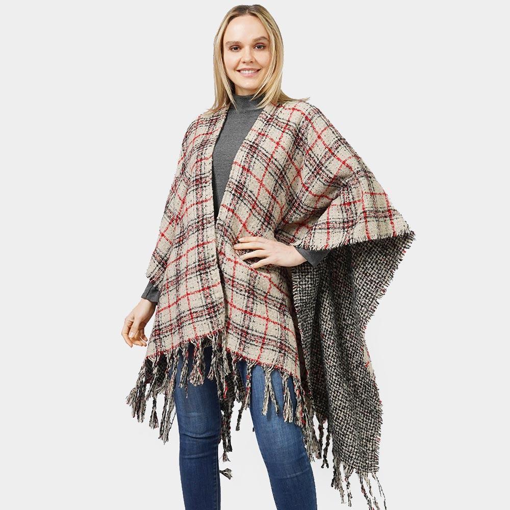 Ivory Reversible Plaid Check Patterned Cape Poncho - Jewelry Store by Erik Rayo