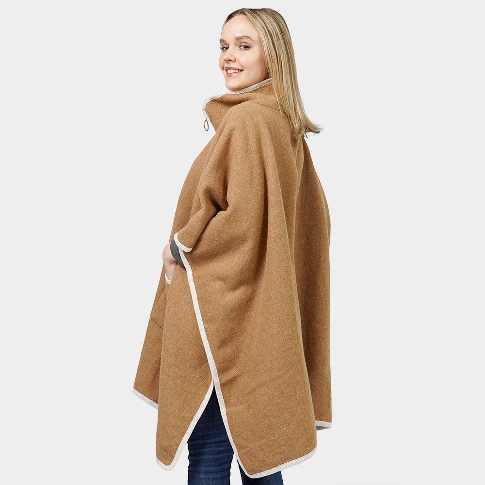 Taupe Contrast Trimmed Zip Up Cape Poncho - Jewelry Store by Erik Rayo