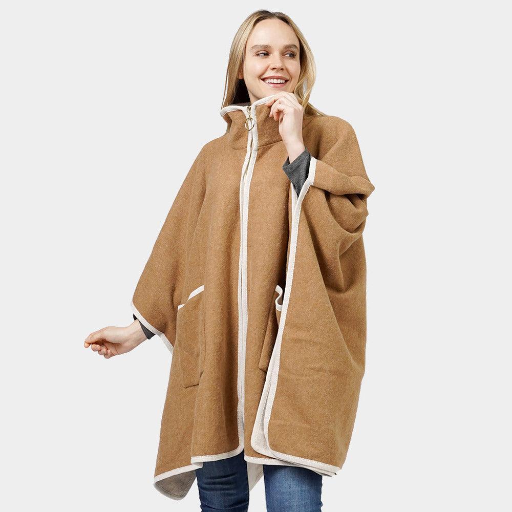 Taupe Contrast Trimmed Zip Up Cape Poncho - Jewelry Store by Erik Rayo