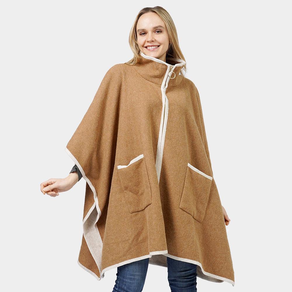 Taupe Contrast Trimmed Zip Up Cape Poncho - Jewelry Store by Erik Rayo