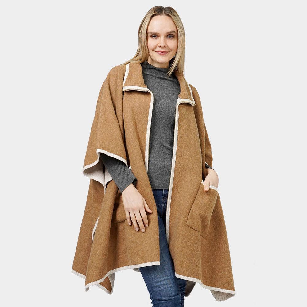 Taupe Contrast Trimmed Zip Up Cape Poncho - Jewelry Store by Erik Rayo