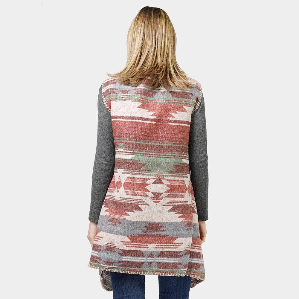 Burgundy Aztec Patterned Front Pocket Collar Vest - Jewelry Store by Erik Rayo