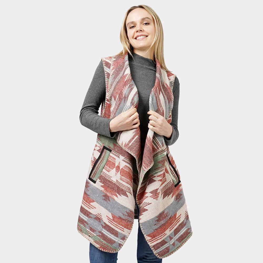 Burgundy Aztec Patterned Front Pocket Collar Vest - Jewelry Store by Erik Rayo