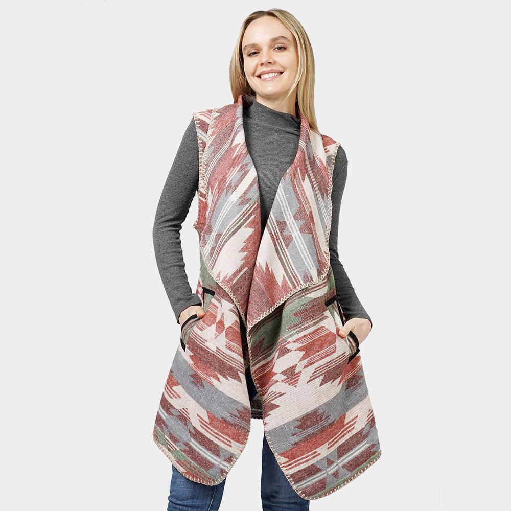 Burgundy Aztec Patterned Front Pocket Collar Vest - Jewelry Store by Erik Rayo