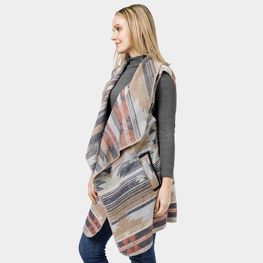 Navy Aztec Patterned Front Pocket Collar Vest - Jewelry Store by Erik Rayo