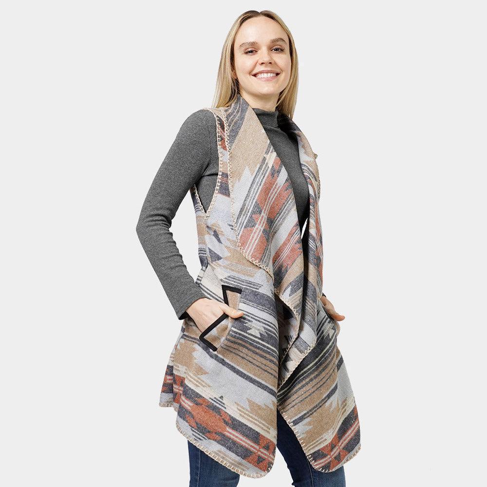 Navy Aztec Patterned Front Pocket Collar Vest - Jewelry Store by Erik Rayo