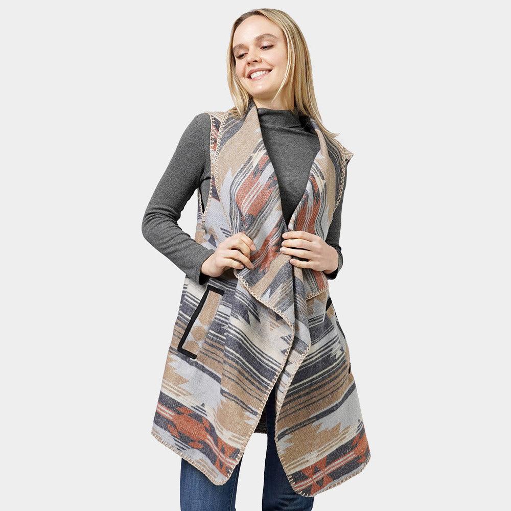 Navy Aztec Patterned Front Pocket Collar Vest - Jewelry Store by Erik Rayo