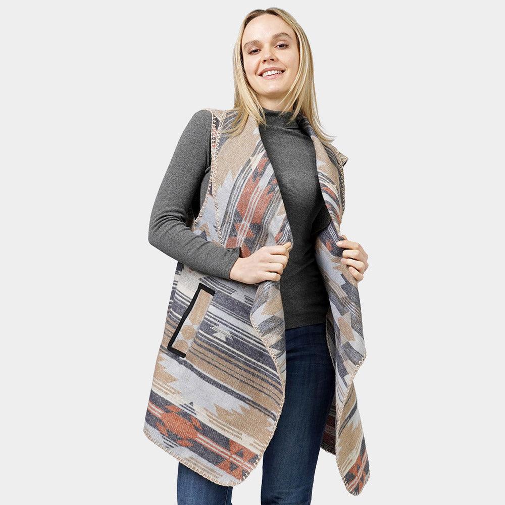 Navy Aztec Patterned Front Pocket Collar Vest - Jewelry Store by Erik Rayo