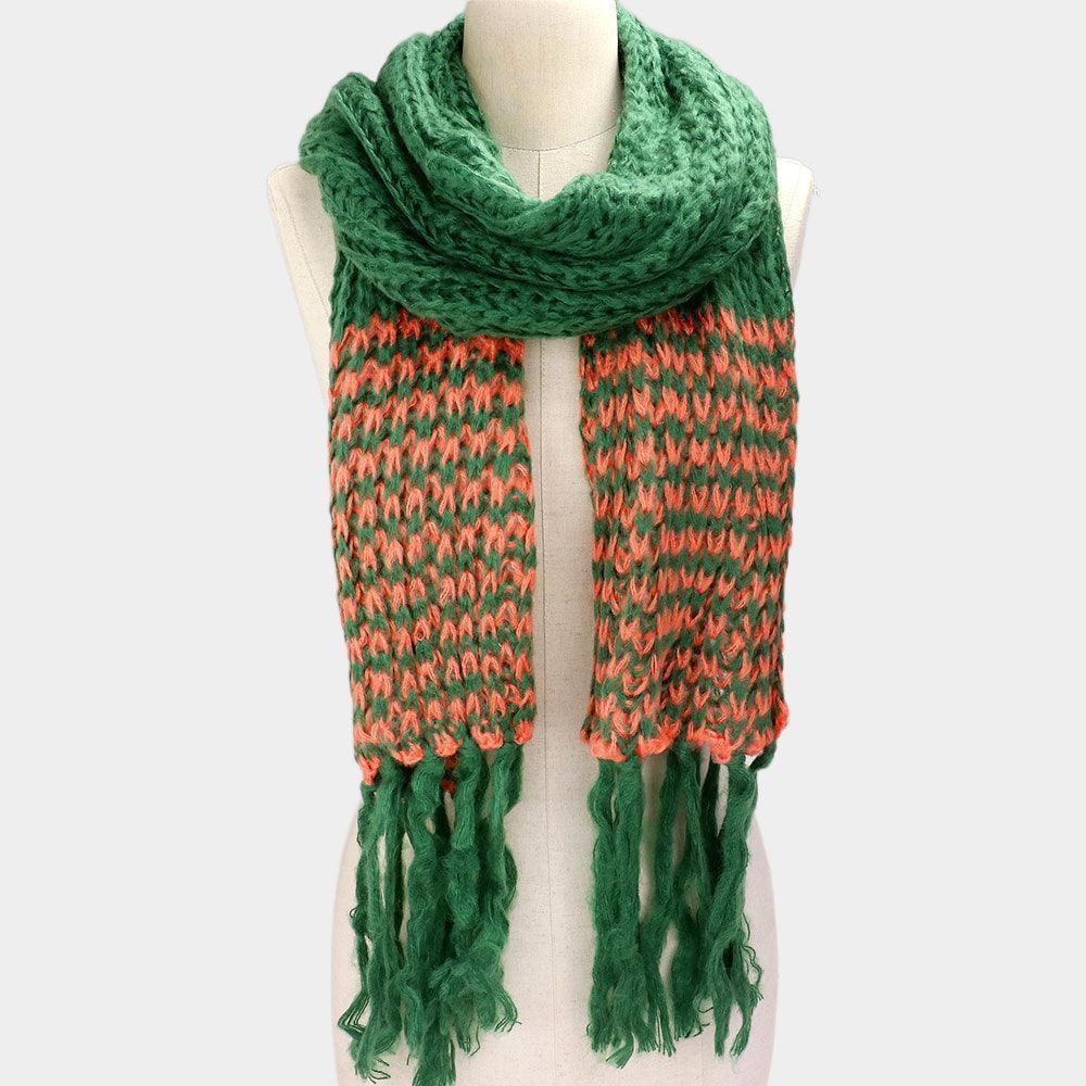Green Two Tone Knit Striped Fringe Oblong Scarf - Jewelry Store by Erik Rayo