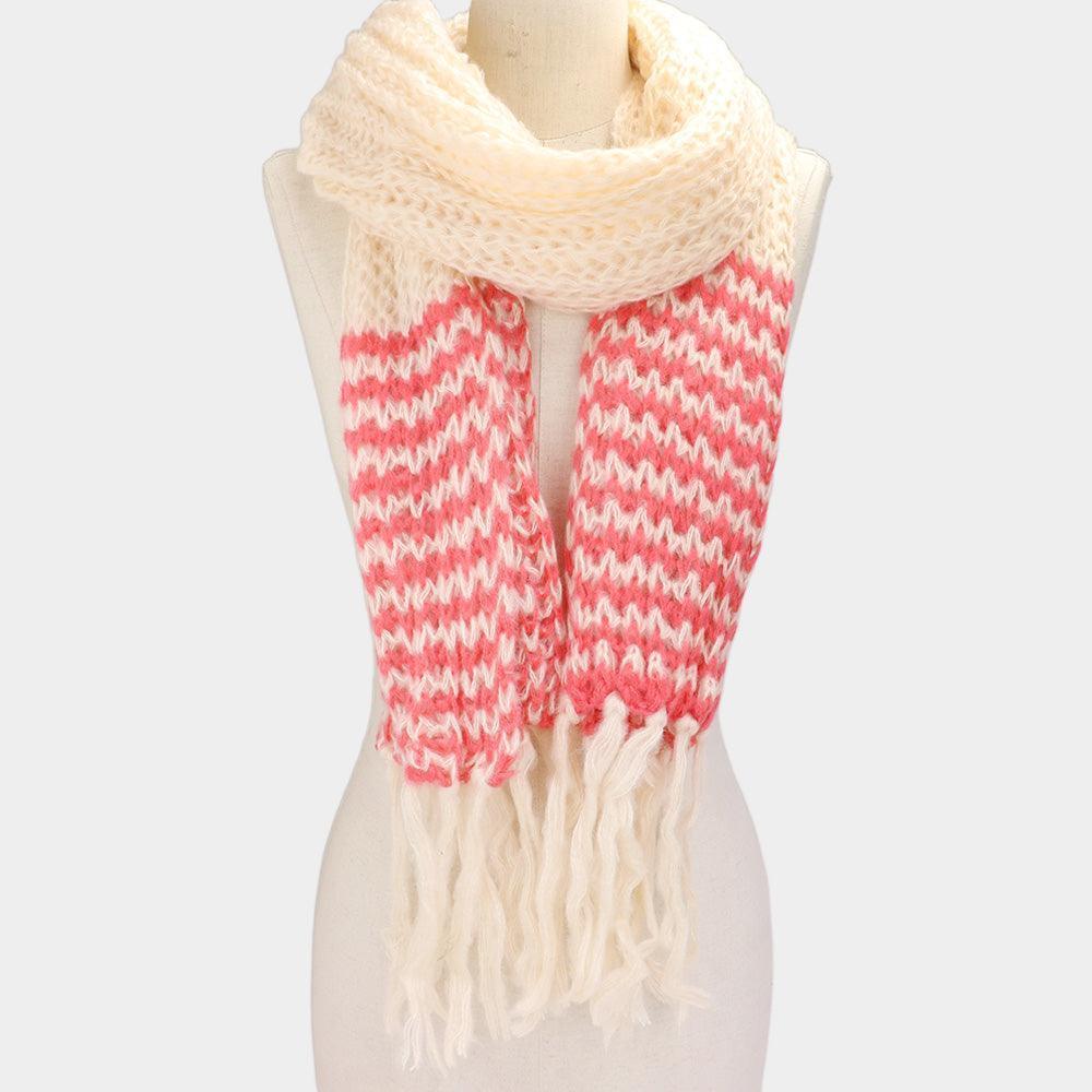 White Two Tone Knit Striped Fringe Oblong Scarf - Jewelry Store by Erik Rayo