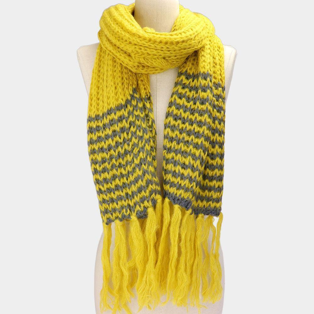Yellow Two Tone Knit Striped Fringe Oblong Scarf - Jewelry Store by Erik Rayo
