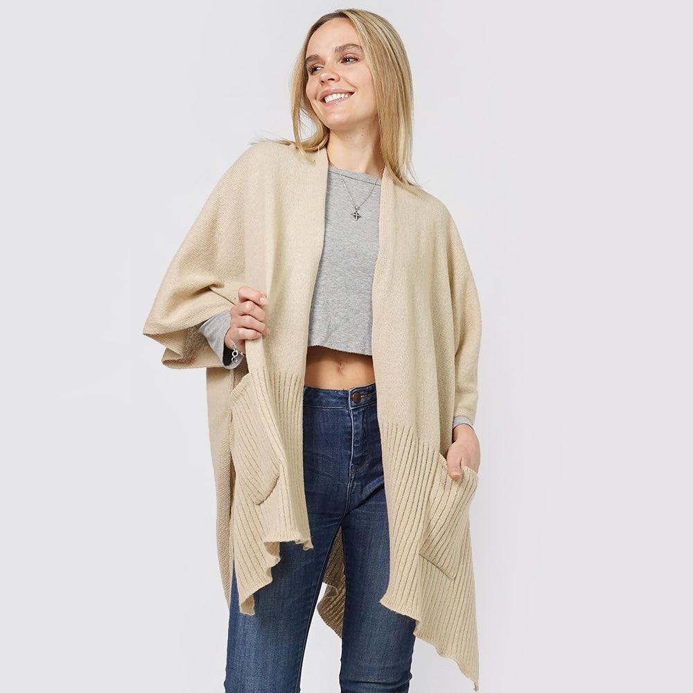 Beige Solid Knit Front Pockets Vest Poncho - Jewelry Store by Erik Rayo