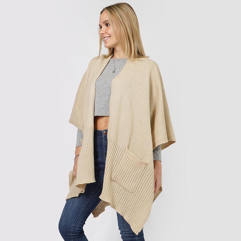 Beige Solid Knit Front Pockets Vest Poncho - Jewelry Store by Erik Rayo