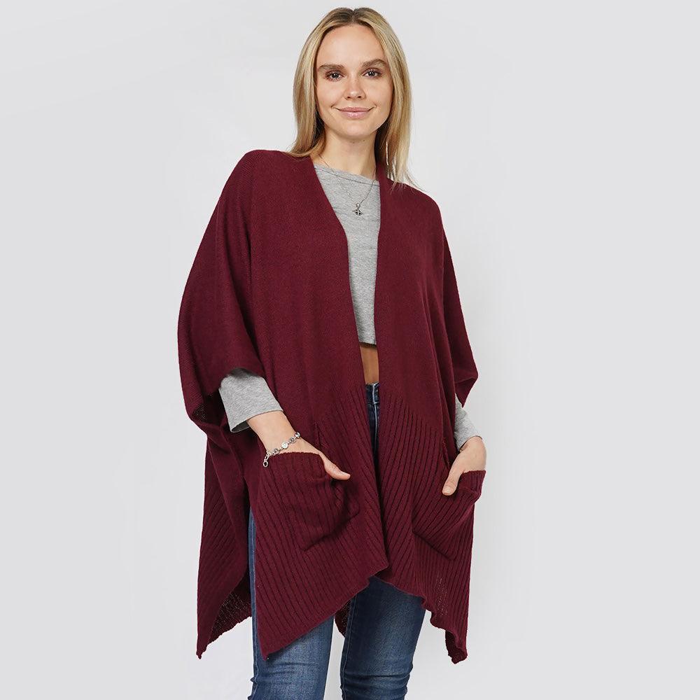 Burgundy Solid Knit Front Pockets Vest Poncho - Jewelry Store by Erik Rayo
