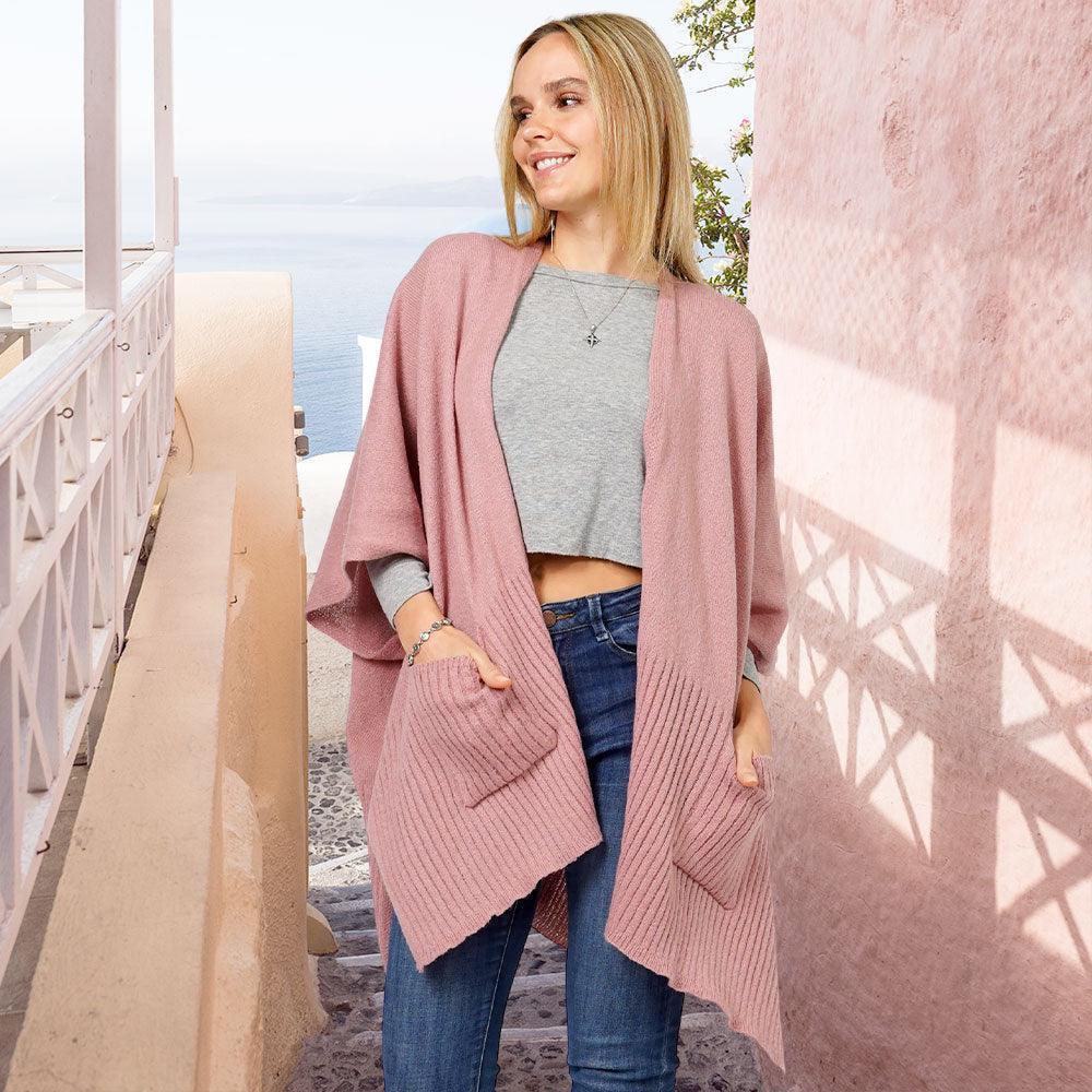 Pink Solid Knit Front Pockets Vest Poncho - Jewelry Store by Erik Rayo
