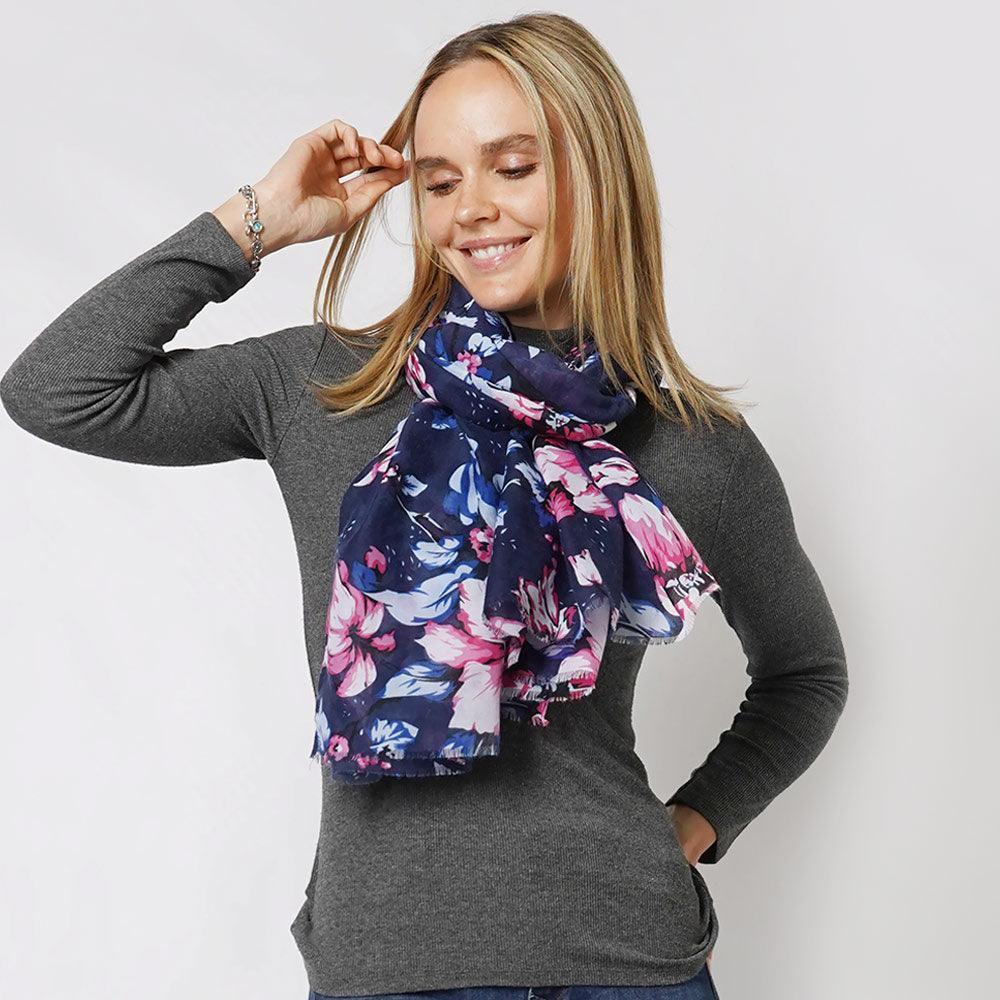 Navy Flower Printed Scarf - Jewelry Store by Erik Rayo