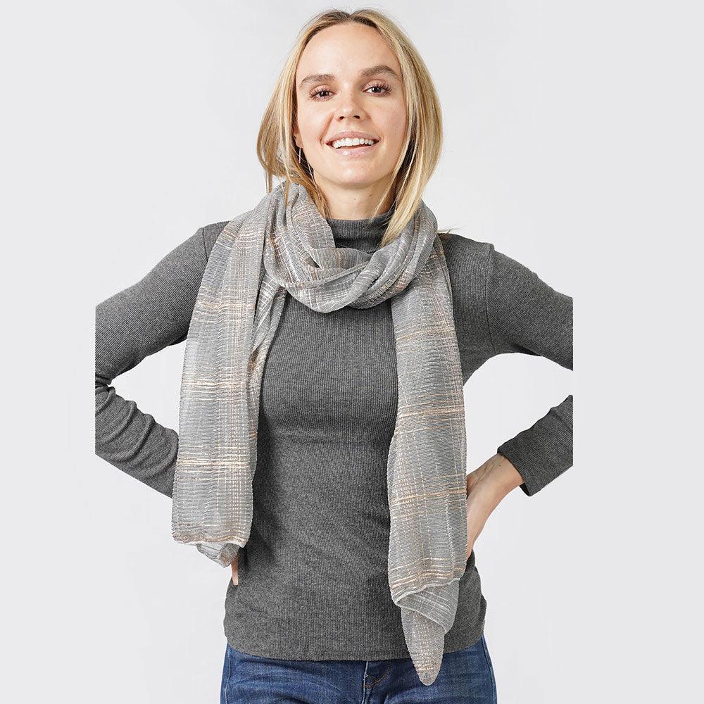 Gray Plaid Check Patterned Lurex Sheer Crinkle Oblong Scarf - Jewelry Store by Erik Rayo