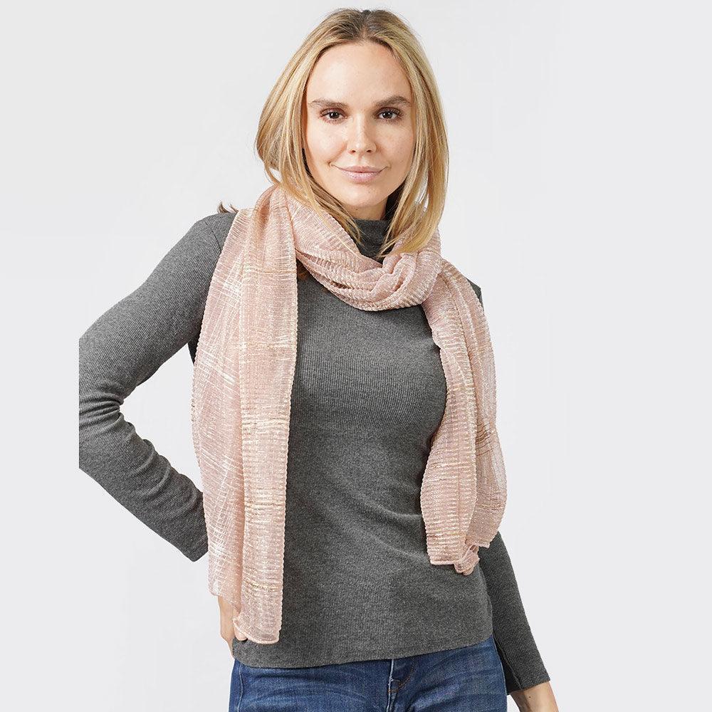 Pink Plaid Check Patterned Lurex Sheer Crinkle Oblong Scarf - Jewelry Store by Erik Rayo