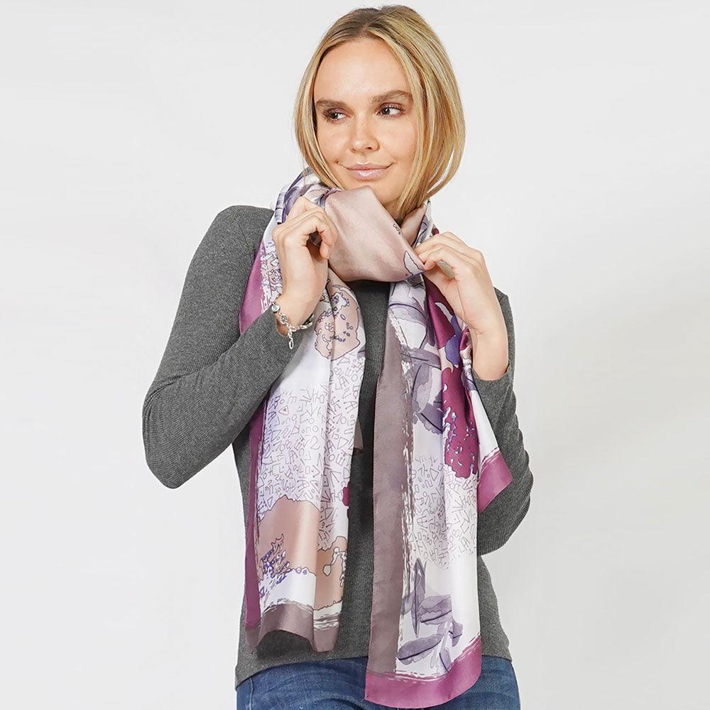 Purple Flower Print Satin Oblong Scarf