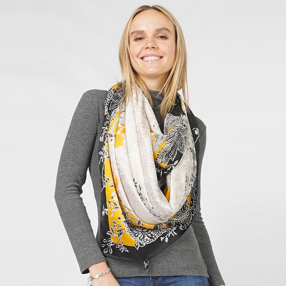 Black Floral Print Satin Oblong Scarf