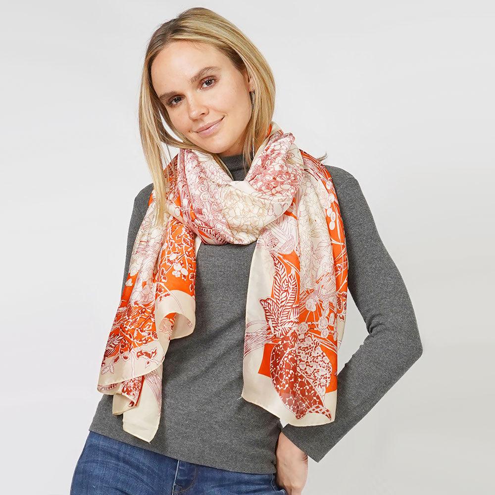 Coral Floral Print Satin Oblong Scarf