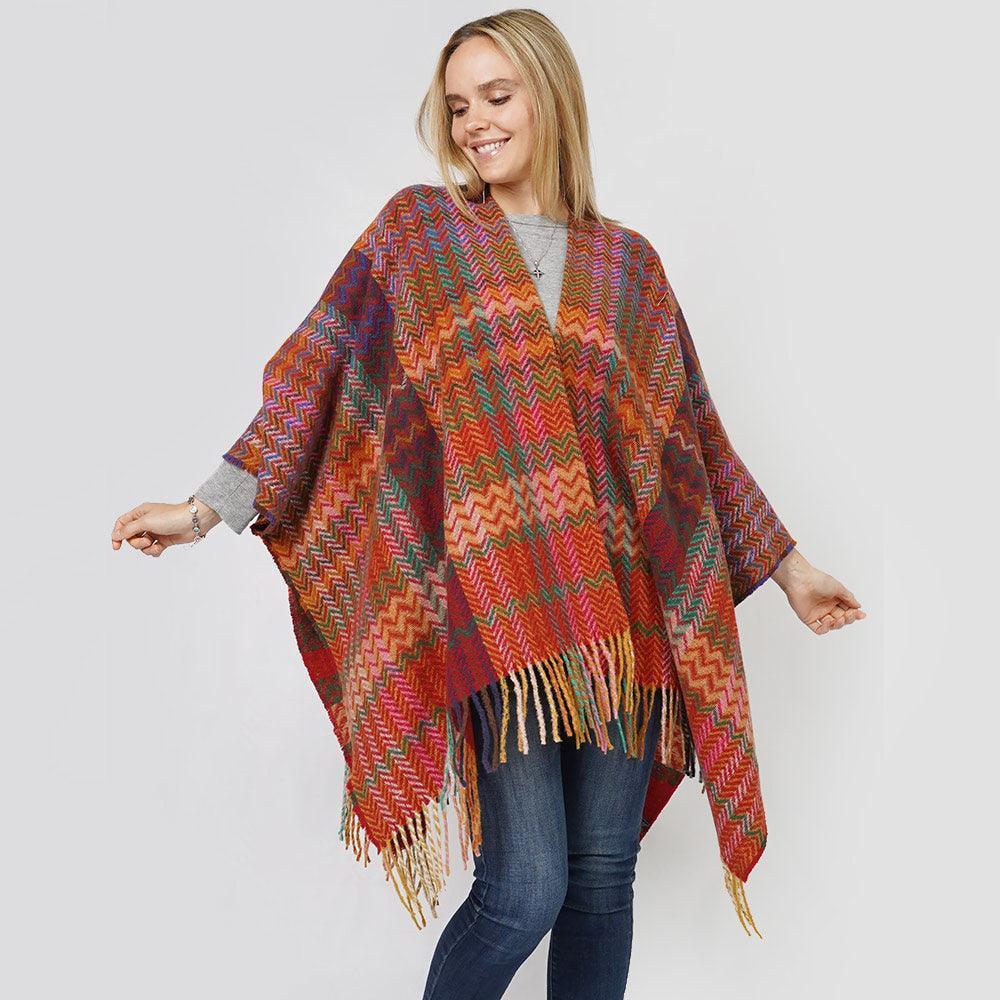 Red Zigzag Chevron Patterned Tassel Poncho - Jewelry Store by Erik Rayo
