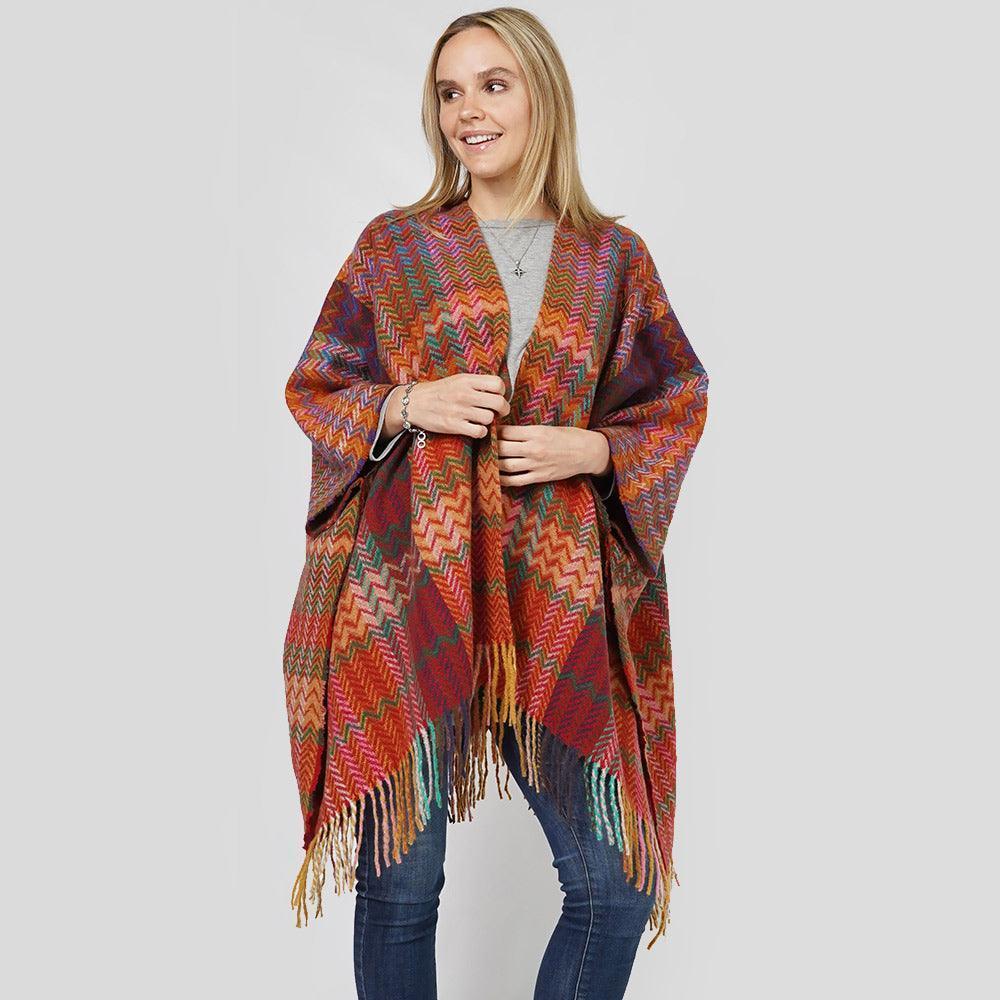 Red Zigzag Chevron Patterned Tassel Poncho - Jewelry Store by Erik Rayo