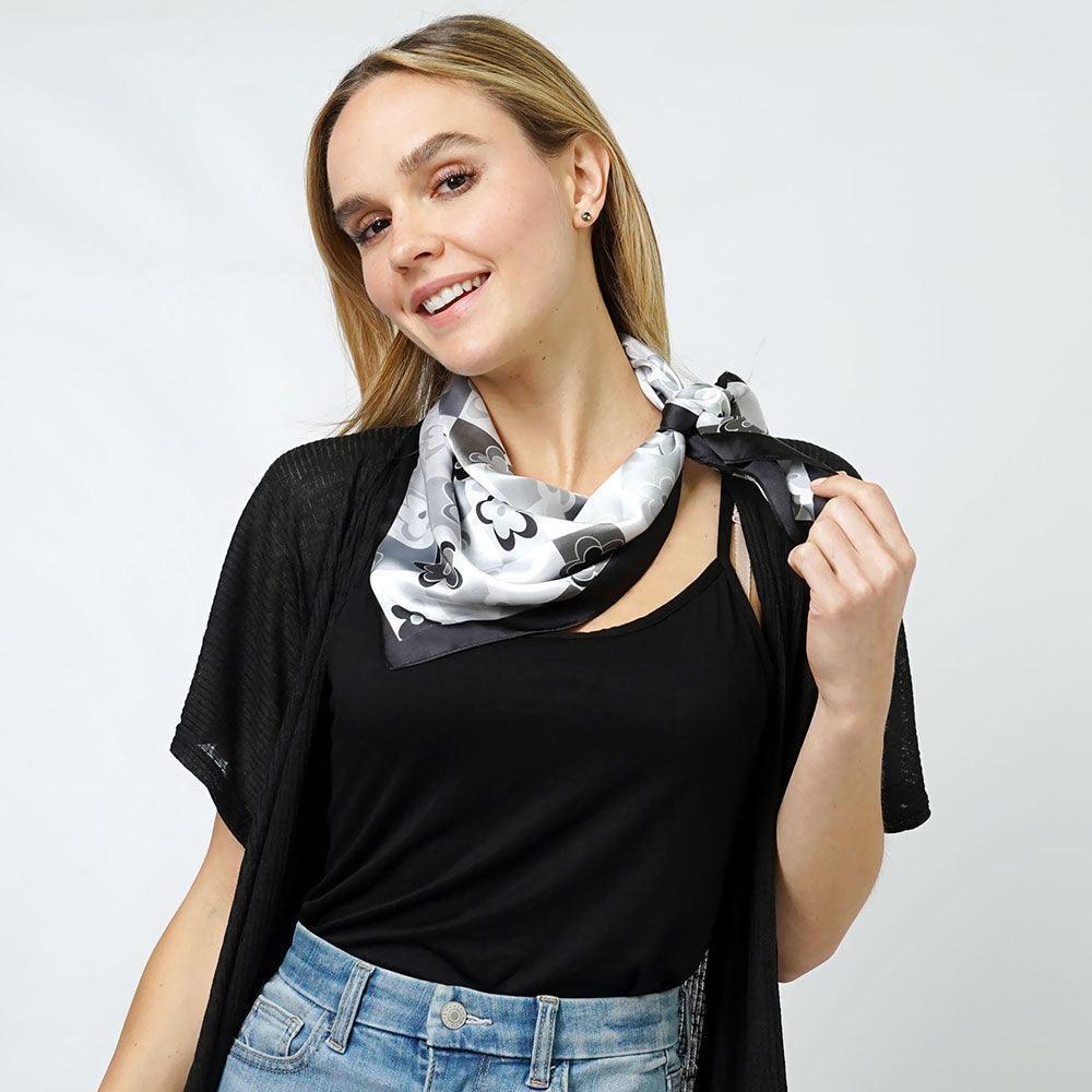 Black Flower Print Satin Square Scarf - Jewelry Store by Erik Rayo