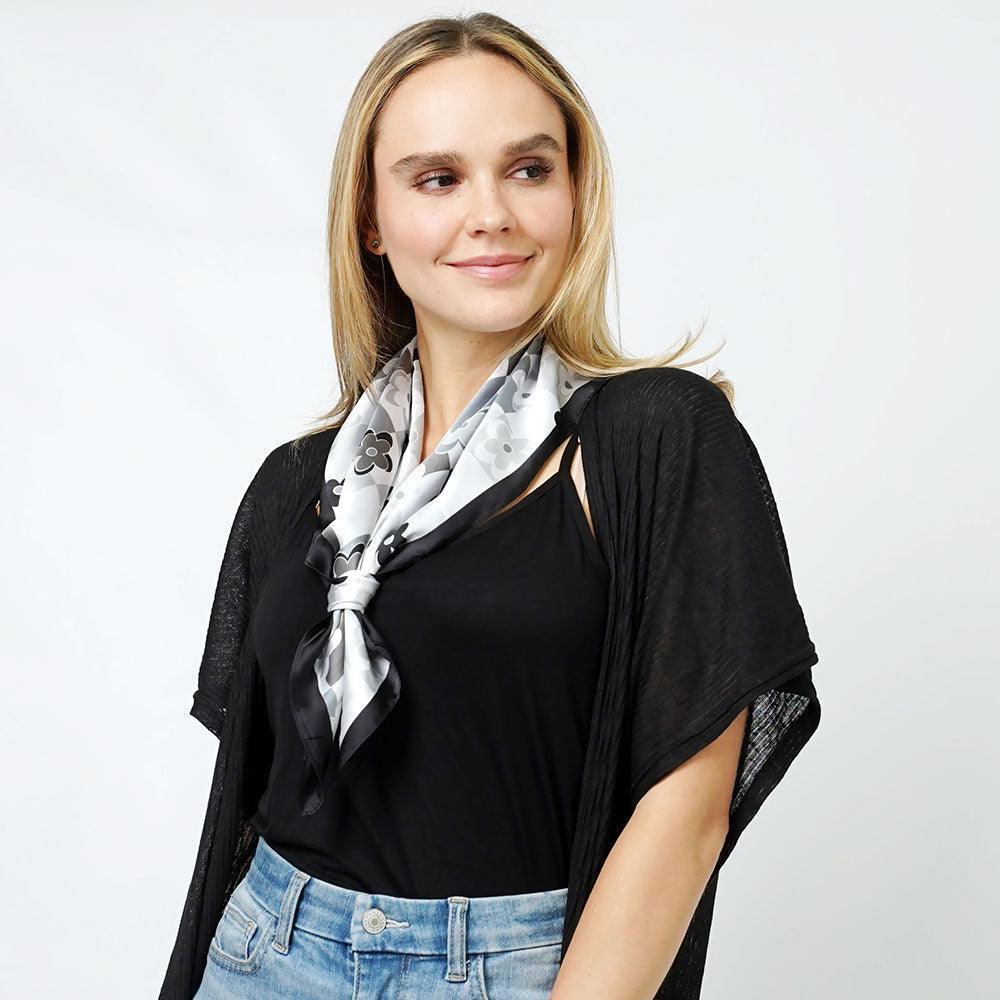 Black Flower Print Satin Square Scarf - Jewelry Store by Erik Rayo