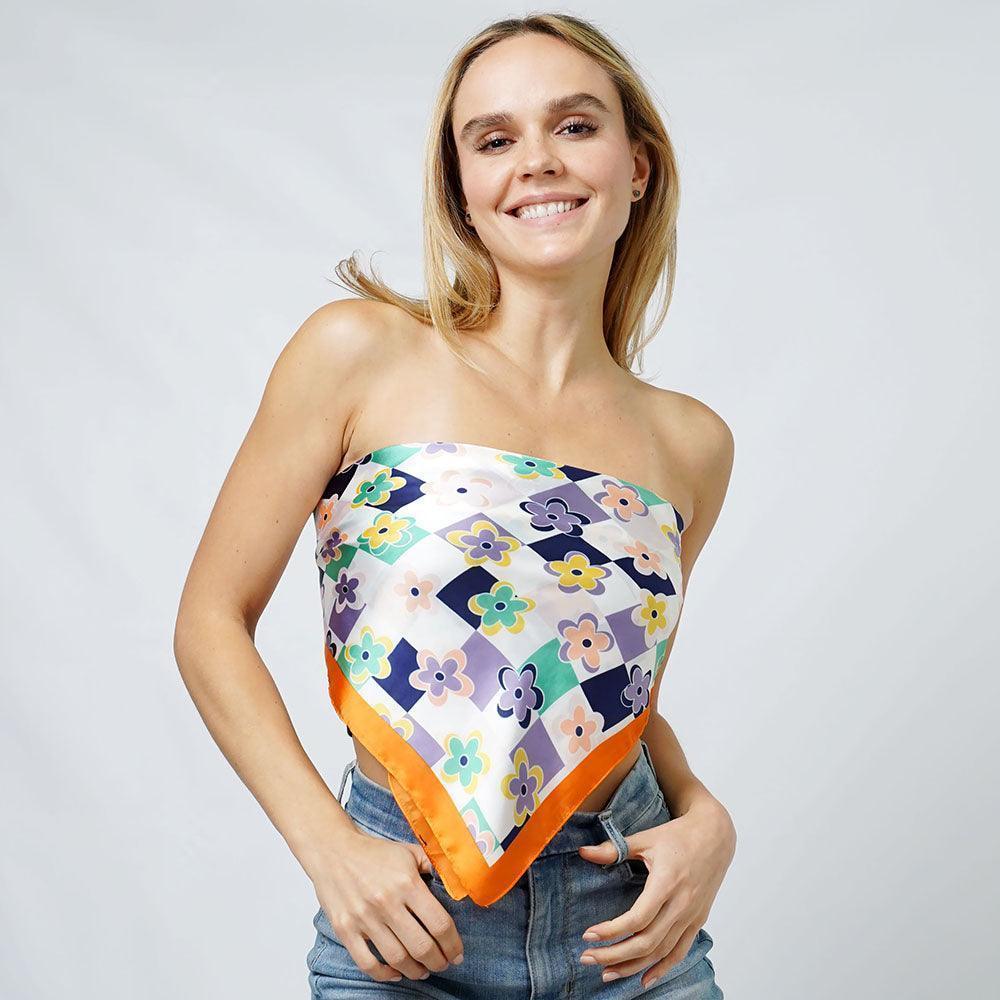 Orange Flower Print Satin Square Scarf - Jewelry Store by Erik Rayo