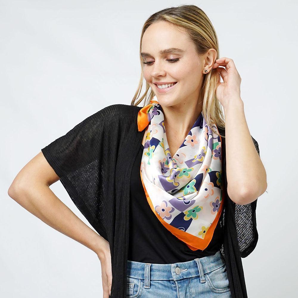 Orange Flower Print Satin Square Scarf - Jewelry Store by Erik Rayo