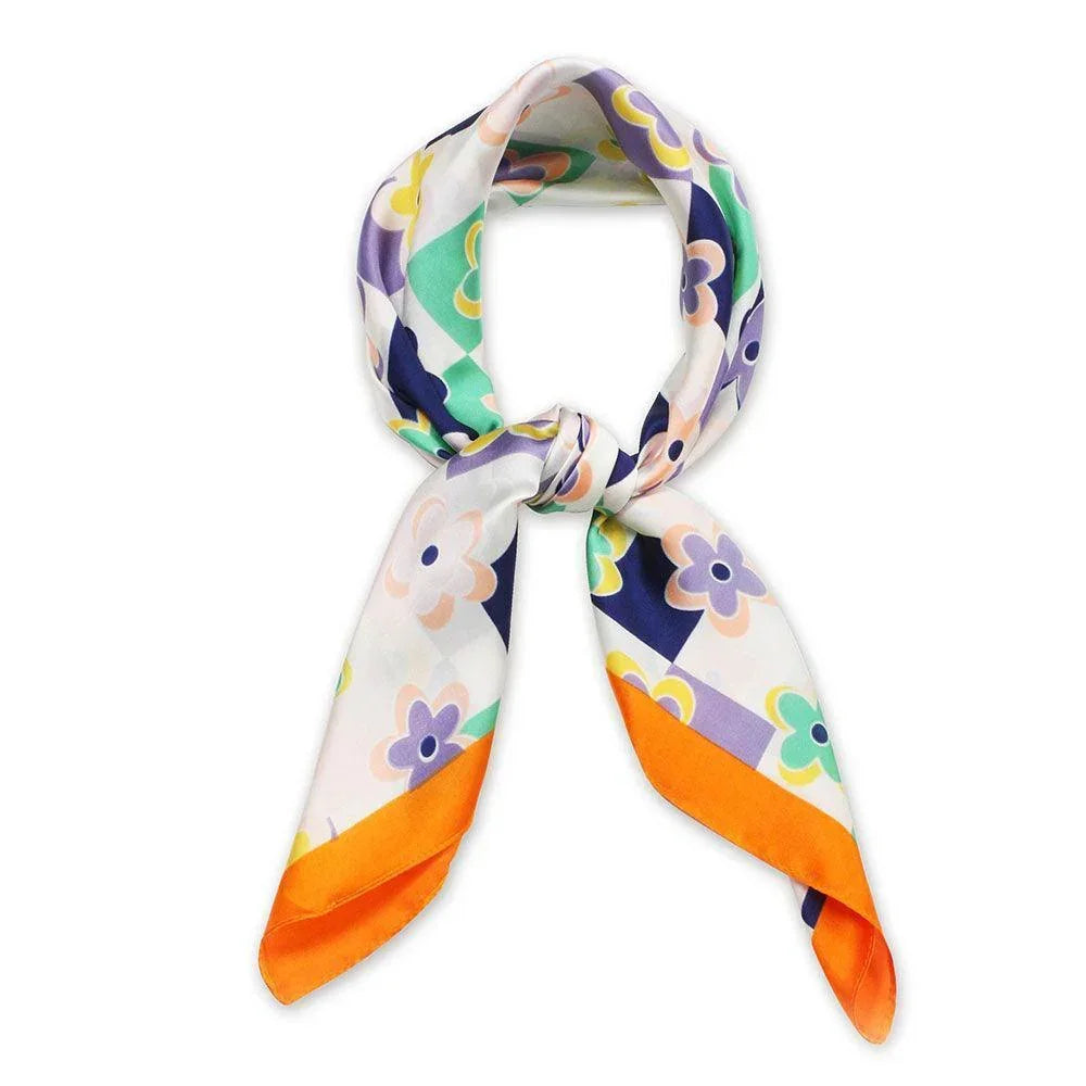 Orange Flower Print Satin Square Scarf - Jewelry Store by Erik Rayo
