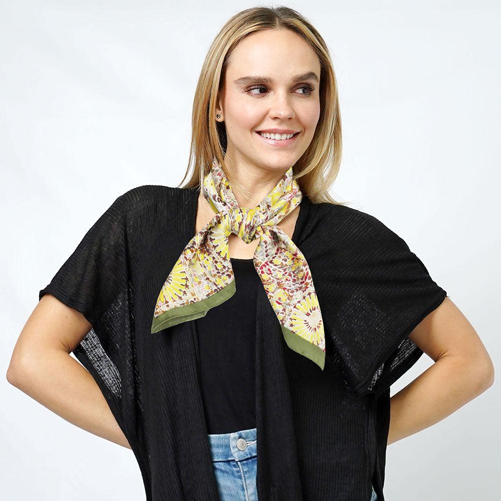 Olive Green Abstract Print Satin Square Scarf