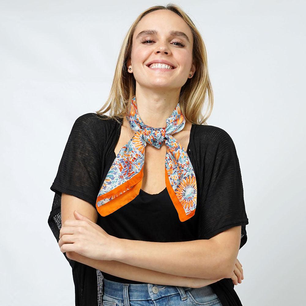 Orange Abstract Print Satin Square Scarf