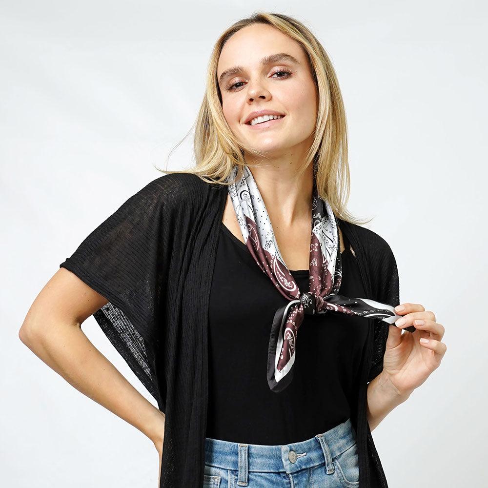 Black Bandana Print Satin Square Scarf