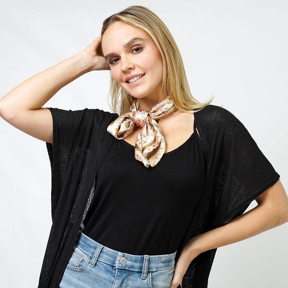 Beige Floral Print Satin Square Scarf - Jewelry Store by Erik Rayo