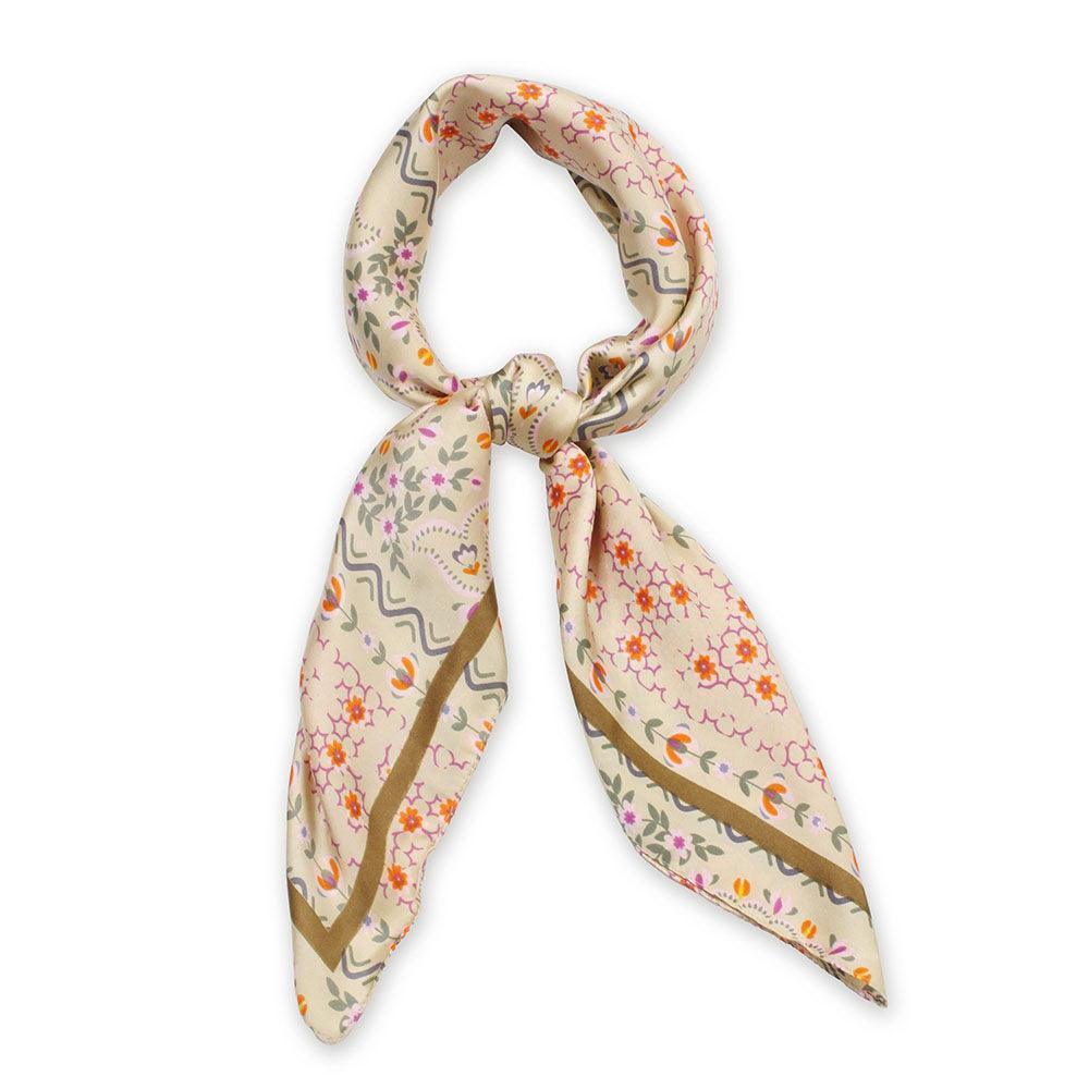 Beige Floral Print Satin Square Scarf - Jewelry Store by Erik Rayo