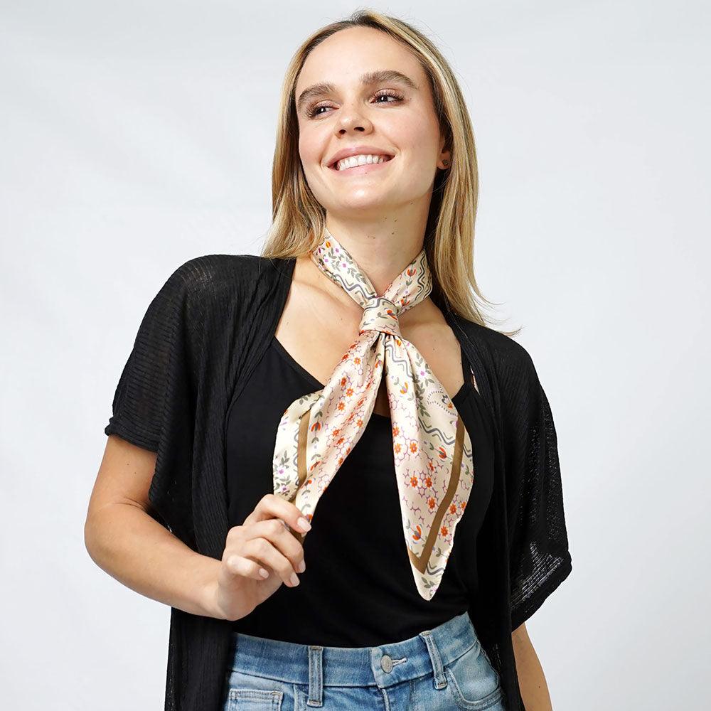 Beige Floral Print Satin Square Scarf