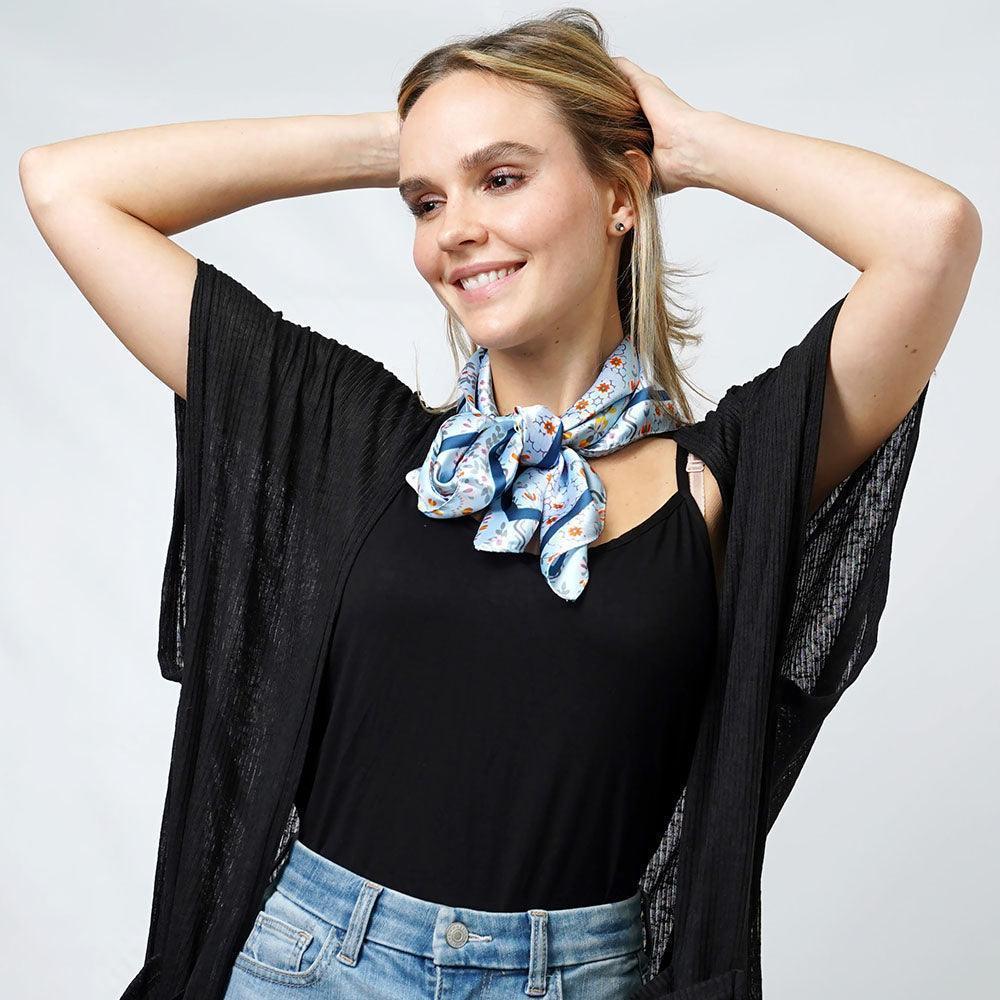 Blue Floral Print Satin Square Scarf - Jewelry Store by Erik Rayo