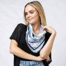 Load image into Gallery viewer, Blue Floral Print Satin Square Scarf
