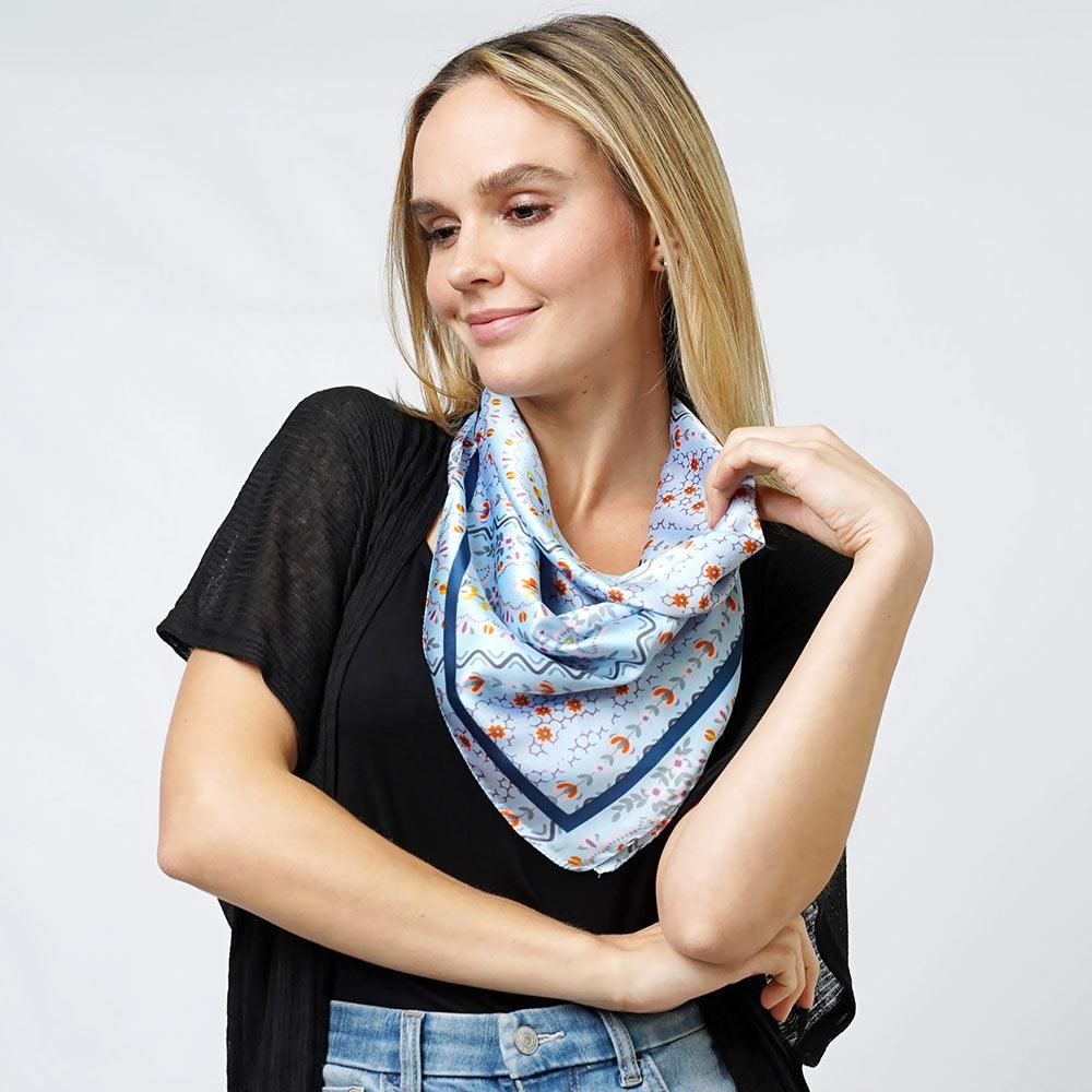 Blue Floral Print Satin Square Scarf