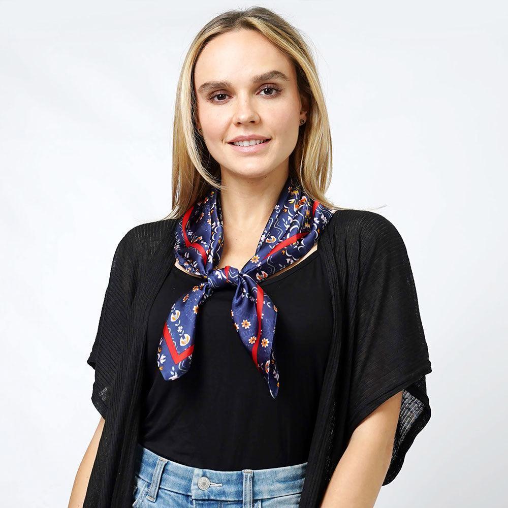 Navy Floral Print Satin Square Scarf - Jewelry Store by Erik Rayo