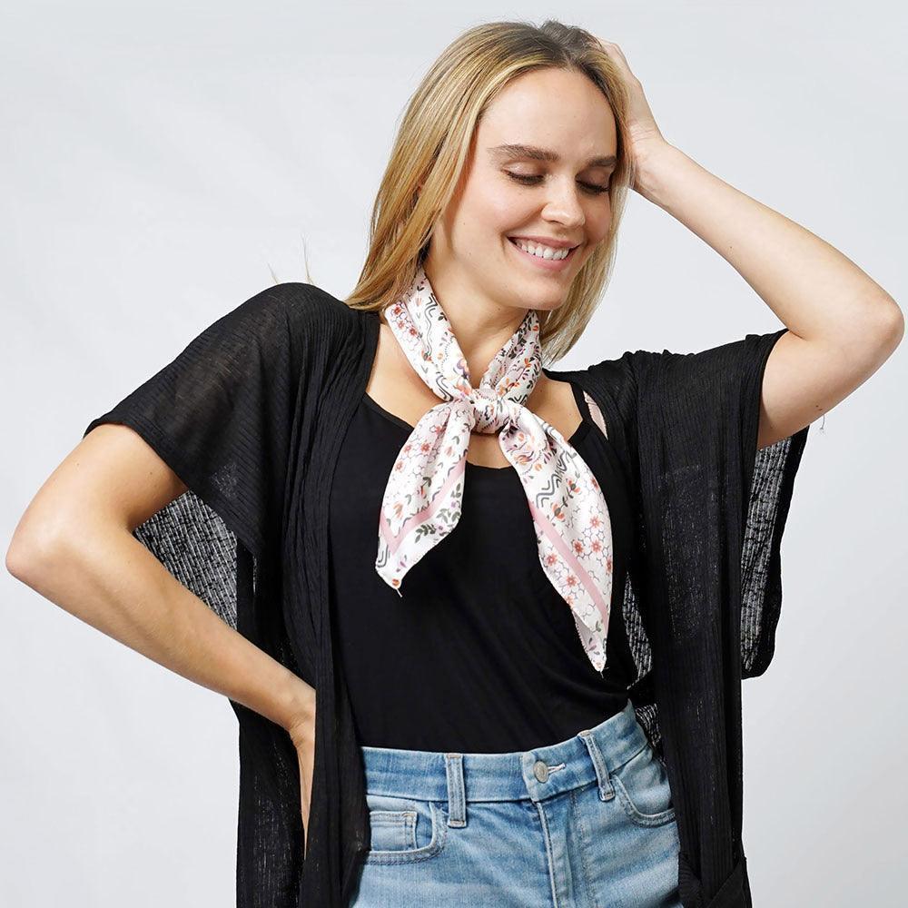Pink Floral Print Satin Square Scarf - Jewelry Store by Erik Rayo