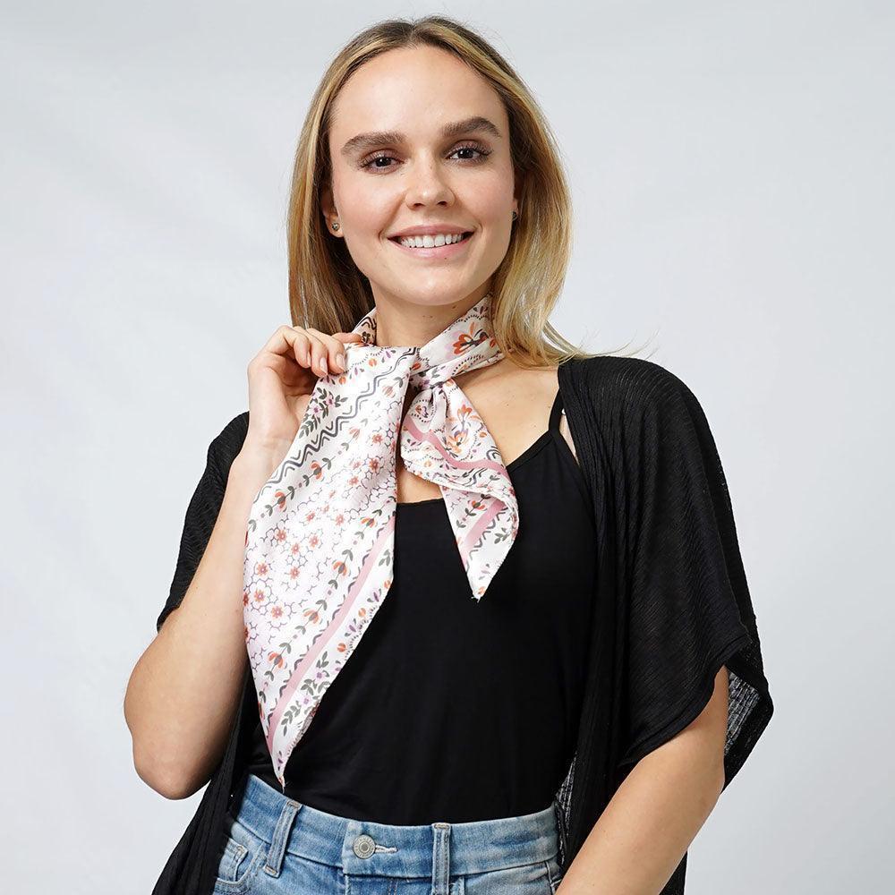 Pink Floral Print Satin Square Scarf - Jewelry Store by Erik Rayo