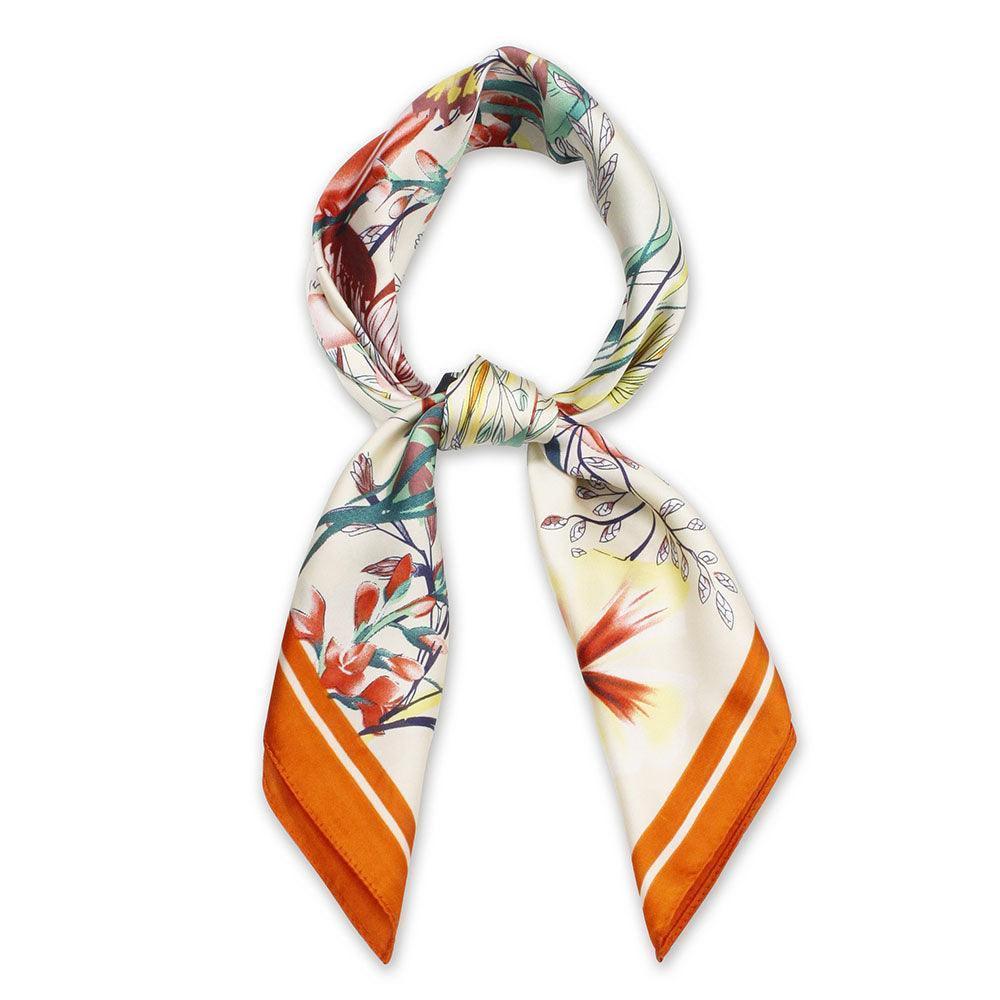 Orange Flower Print Satin Square Scarf - Jewelry Store by Erik Rayo