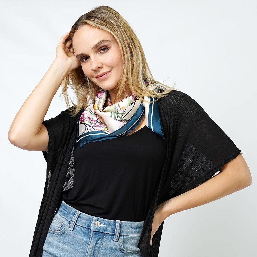 Teal Flower Print Satin Square Scarf - Jewelry Store by Erik Rayo